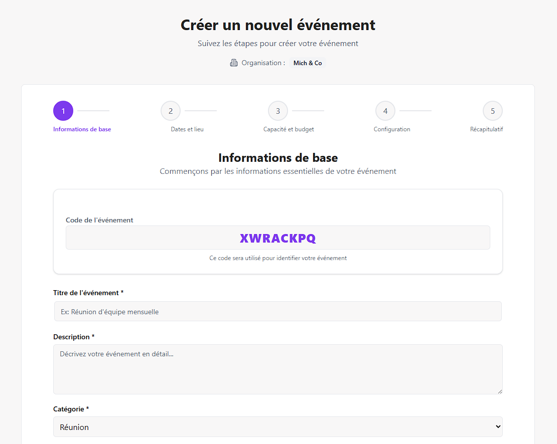 Organisez vos événements - Interface Teamify